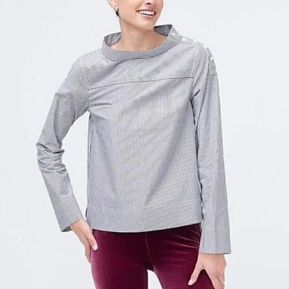 J. Crew Funnelneck Long Sleeve High Low Hem Blouse Black White Stripes Size 00